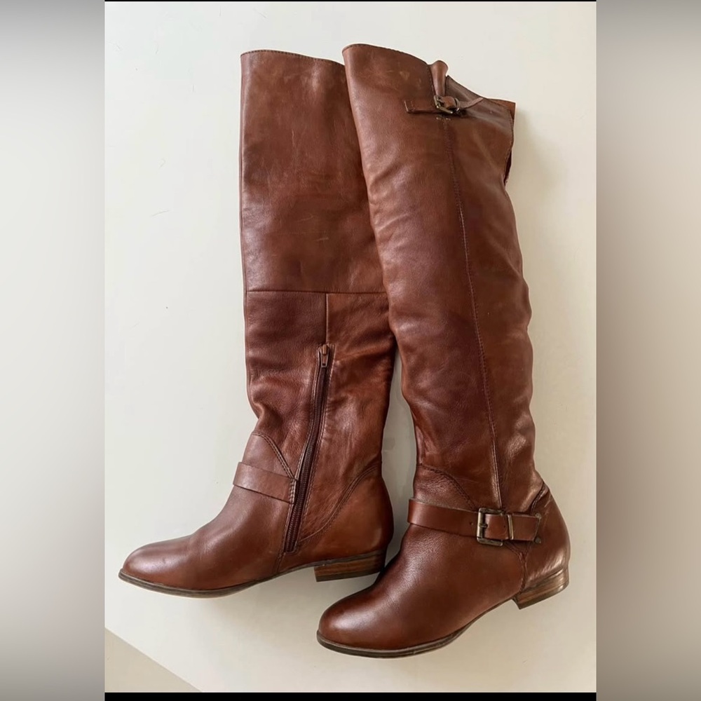 Cognac Brown Leather Over the Knee-High Boots